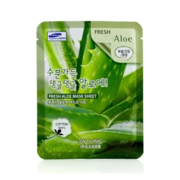 3W Clinic Aloe vera face mask sheet with fresh aloe plant design for moisturizing skin