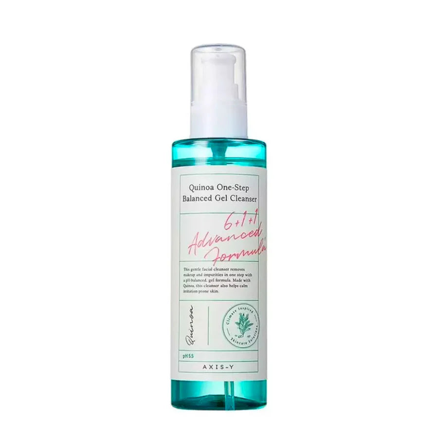AXIS-Y quinoa gel cleanser in a clear blue pump bottle with white and pink label