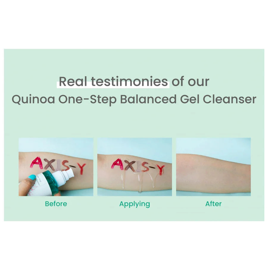 AXIS-Y quinoa gel cleanser before and after removing red AXIS-Y letters from skin showing cleansing effect