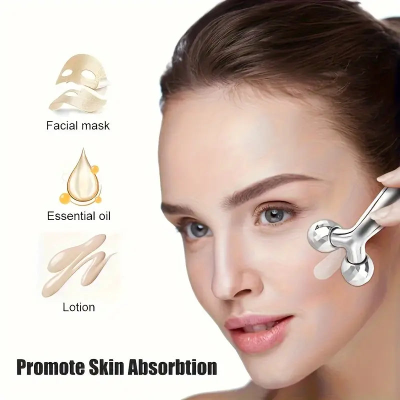 Woman using Zuzu Aura 3D face massage roller on cheek to promote skin absorption of facial mask lotion and essential oil