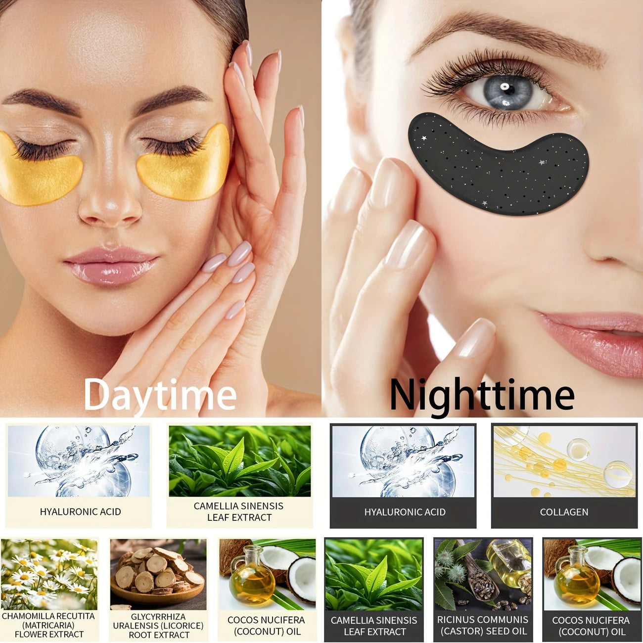 Zuzu Aura daytime eye masks in gold under eyes with night black eye masks for skincare routine