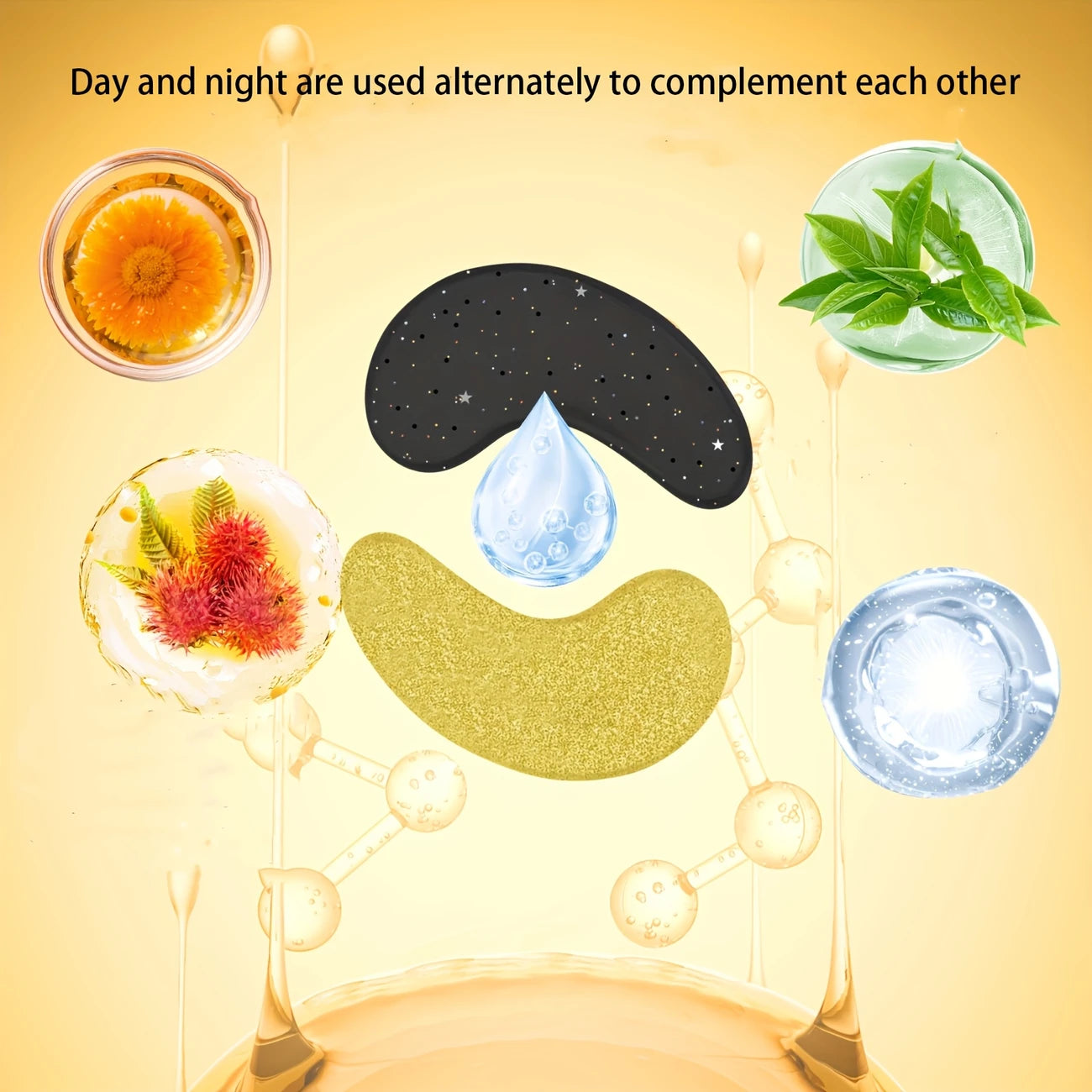Zuzu Aura daytime eye masks in black and gold surrounded by natural ingredient illustrations