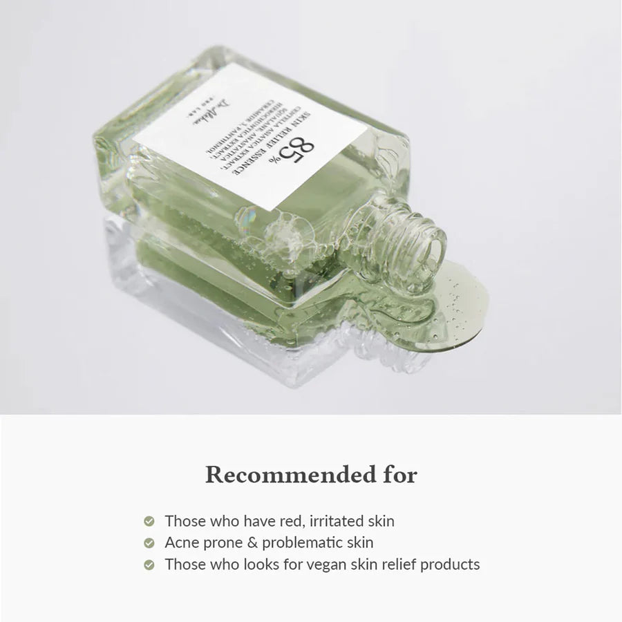 Dr Althea centella asiatica skin treatment serum essence bottle with spilled serum on white background