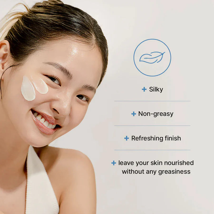 Dr. Althea 345 Relief Cream 50ml applied on smiling woman’s cheek showing silky non-greasy moisturizing benefits