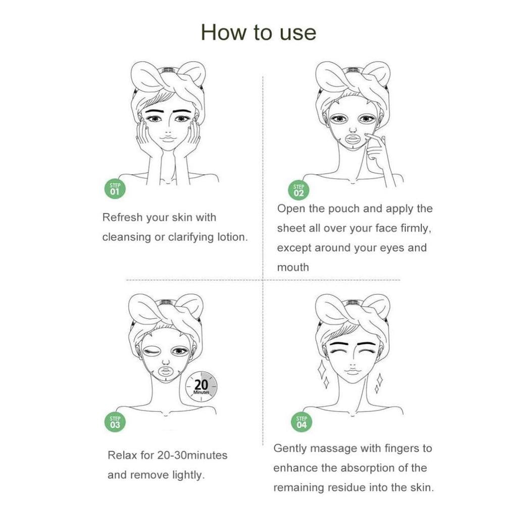 Instructions for using Farm Stay aloe vera face mask sheet with step-by-step illustrated guide