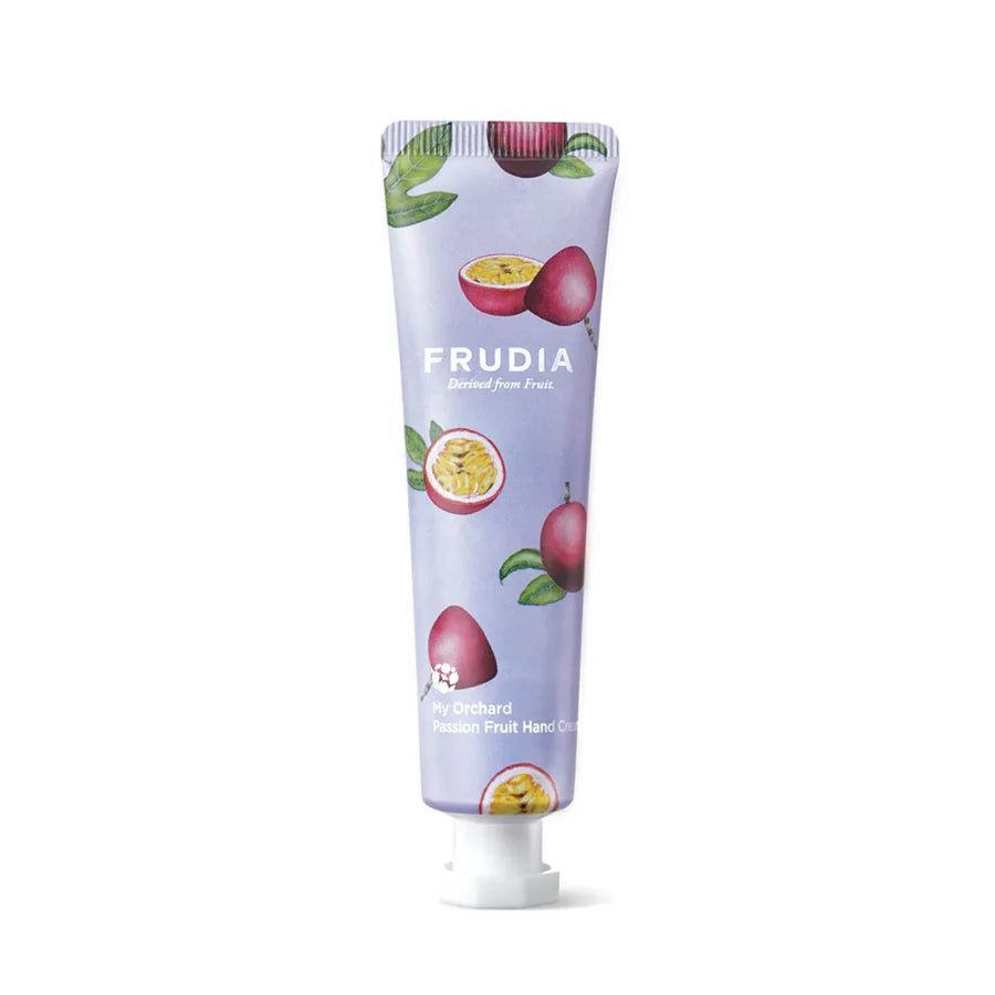 Frudia hydrating hand cream 30g with passion fruit design on light purple tube
