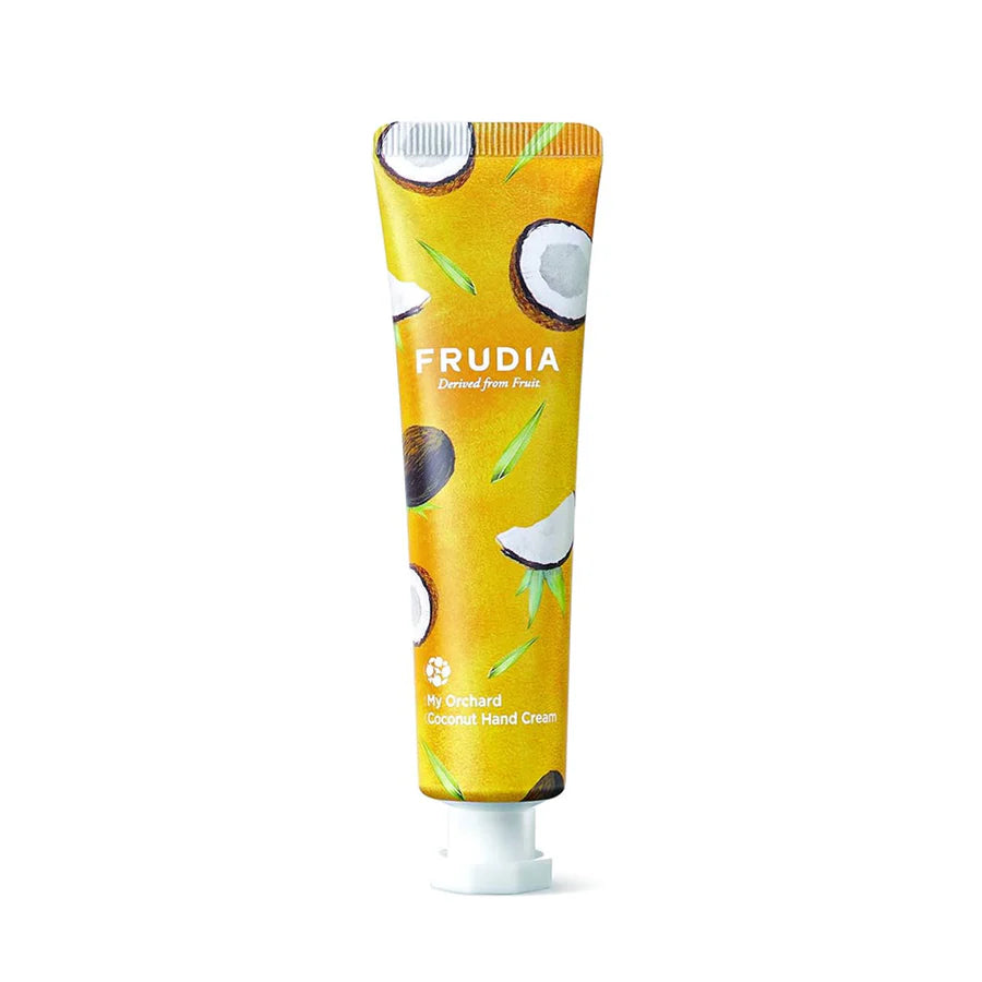 Frudia hydrating hand cream for dry skin in yellow tube with coconut design