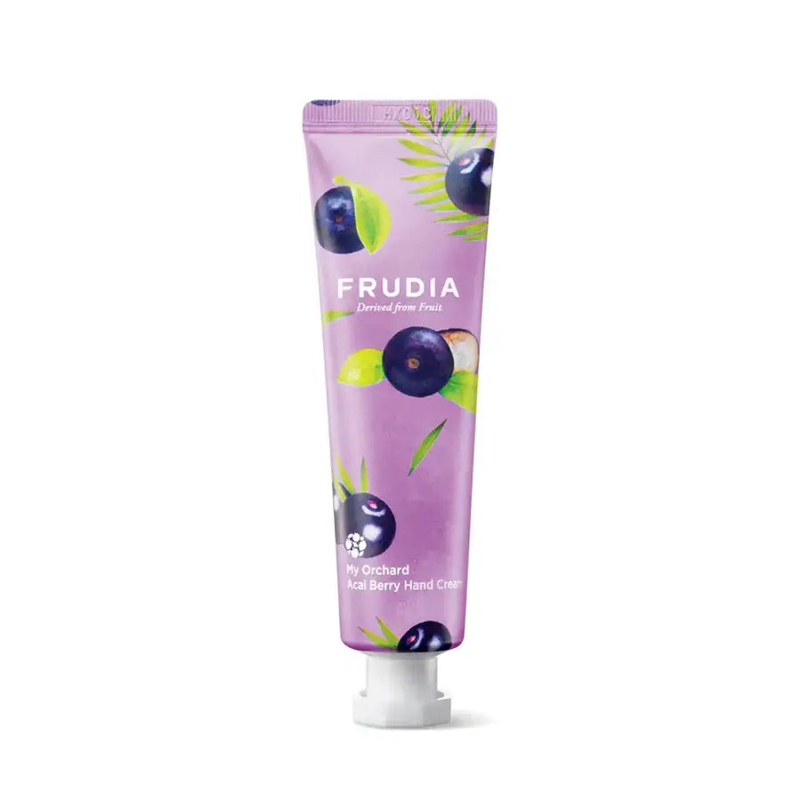 Frudia nourishing hand cream acai berry in purple tube with acai berry illustrations