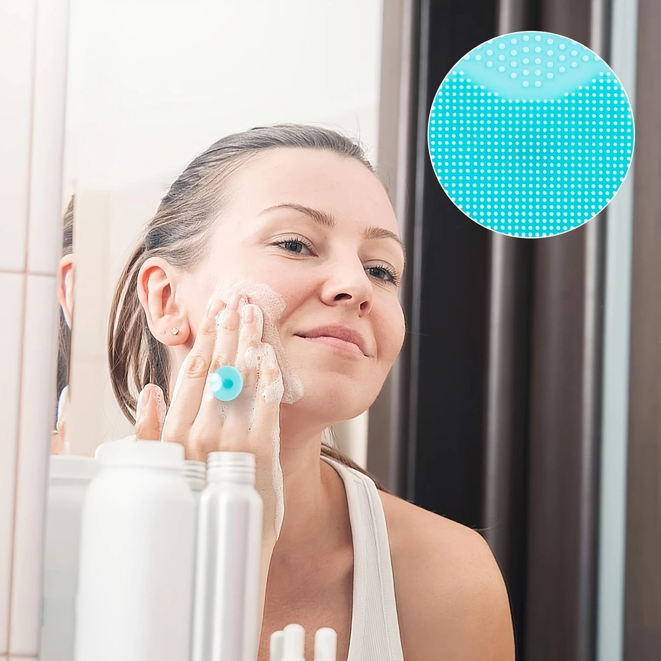 Woman using Zuzu Aura gentle facial cleansing tool with foam for deep skin cleansing