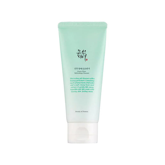 Beauty Of Joseon green plum facial cleanser in a light green tube with white cap