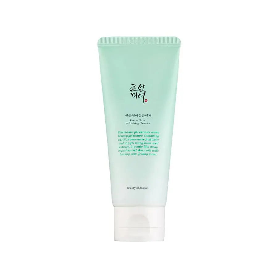 Beauty Of Joseon green plum facial cleanser in a light green tube with white cap