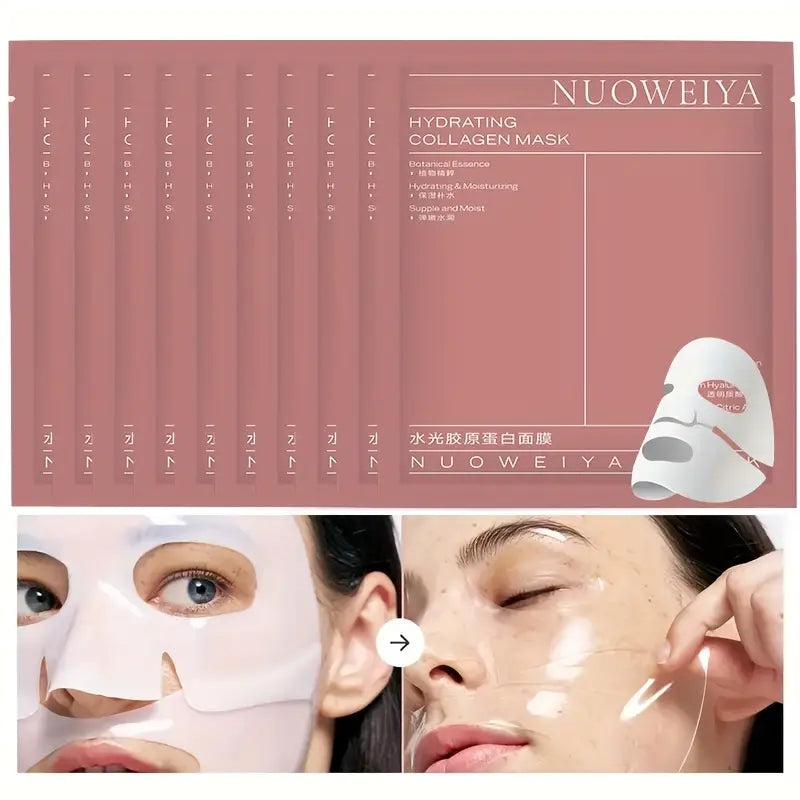 Zuzu Aura Korean collagen face mask hydrating pack showing individual masks and application on face