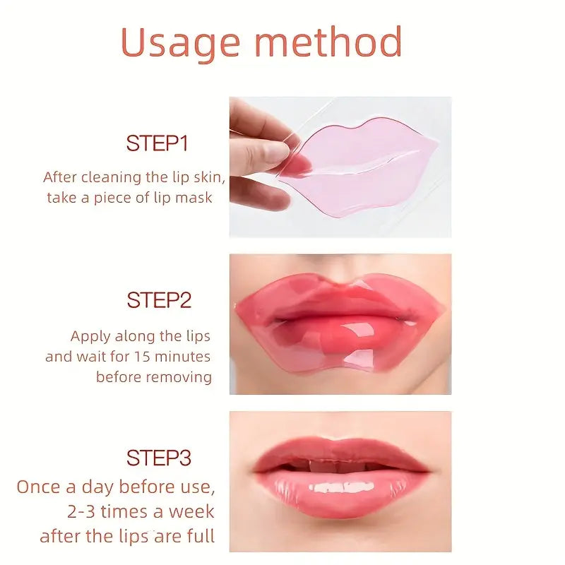 Step-by-step usage method of lip care mask for dry lips showing application and results