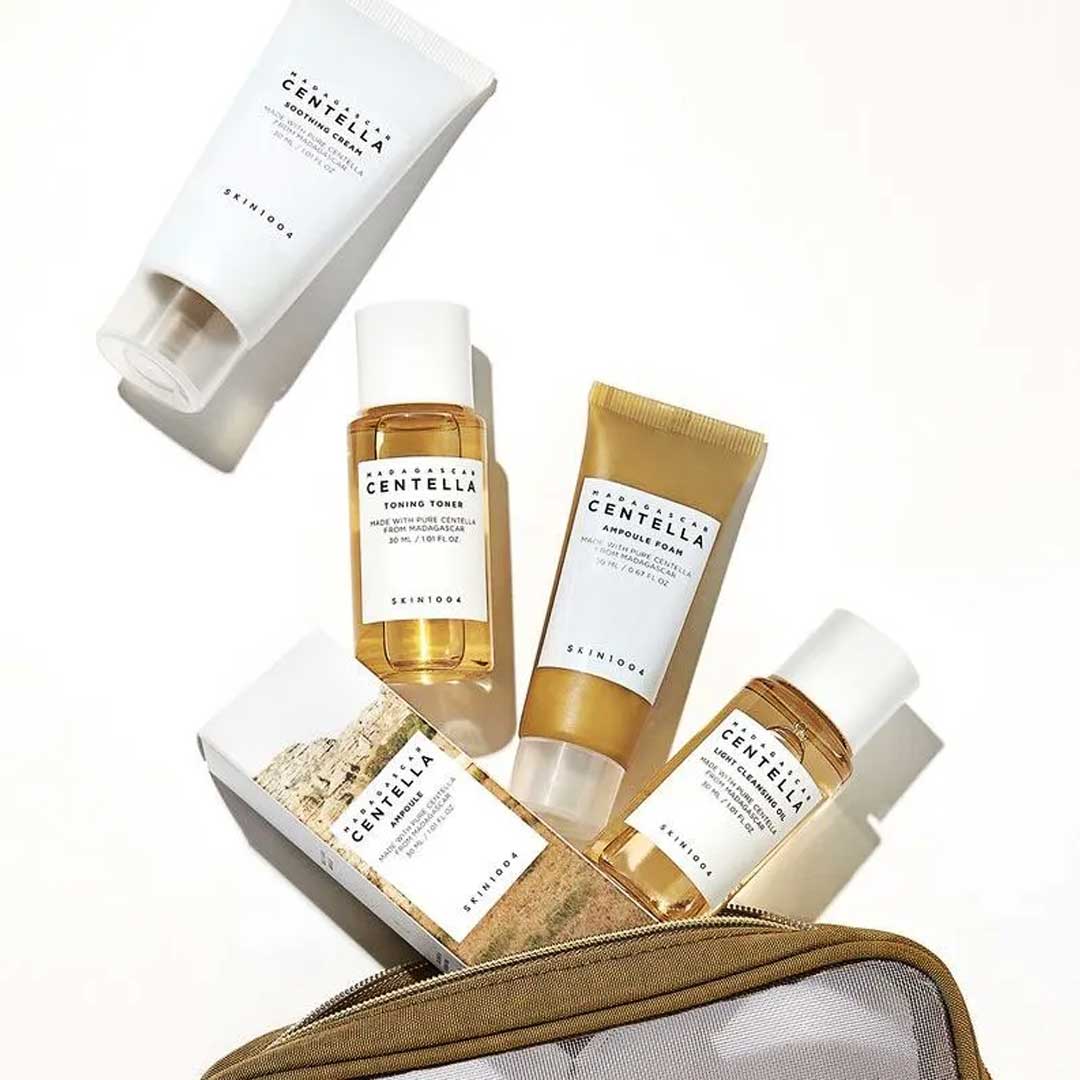 Skin1004 Madagascar Centella travel kit with cleansing foam toner ampoule and pouch