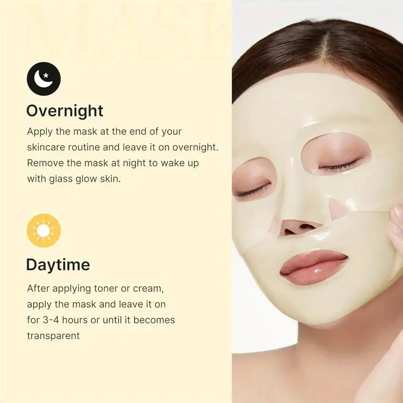 Woman wearing Medicube face mask for glowing skin applying overnight and daytime skincare routine