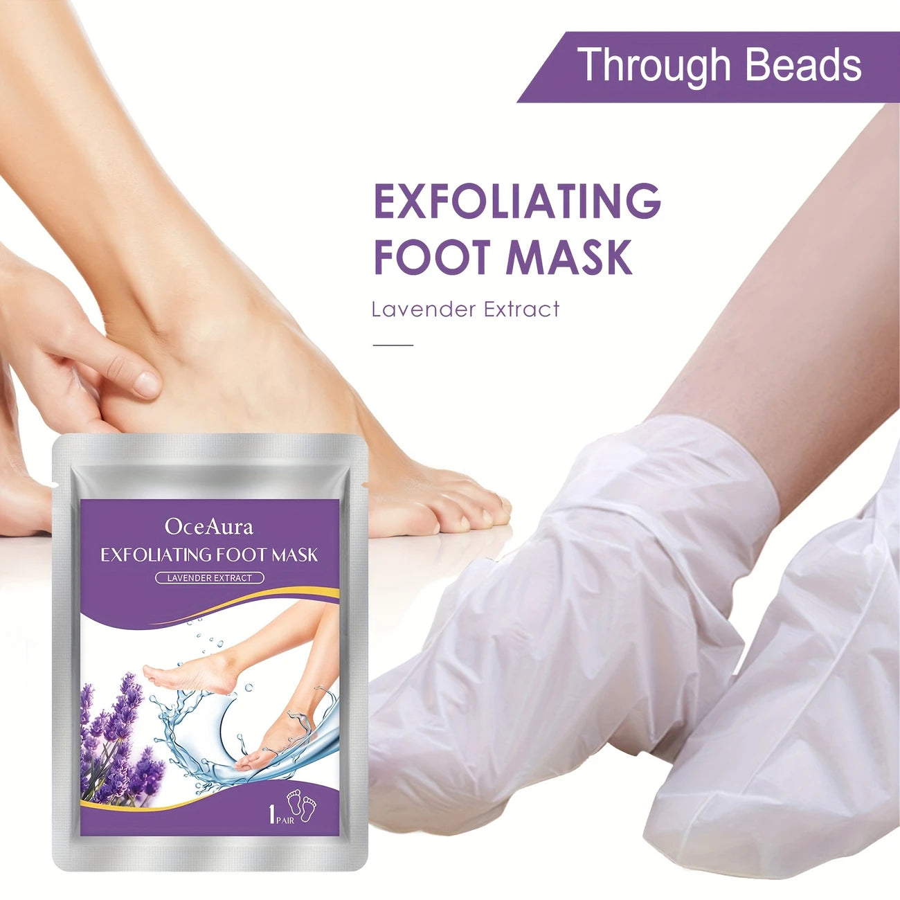 Zuzu Aura lavender foot mask exfoliating treatment with lavender extract and protective glove application