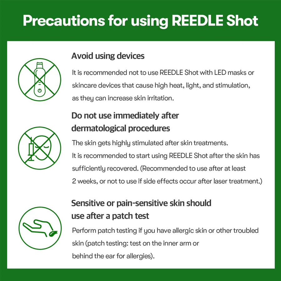 Precautions for using REEDLE Shot 100 serum including avoiding LED masks, post-dermatological care, and patch testing for sensitive skin