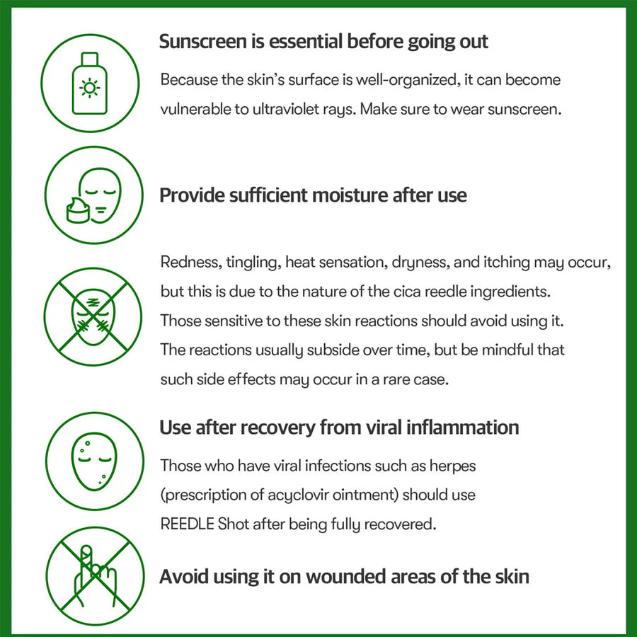 VT Cosmetics Reedle Shot 100 serum usage instructions and skin care precautions for smooth skin