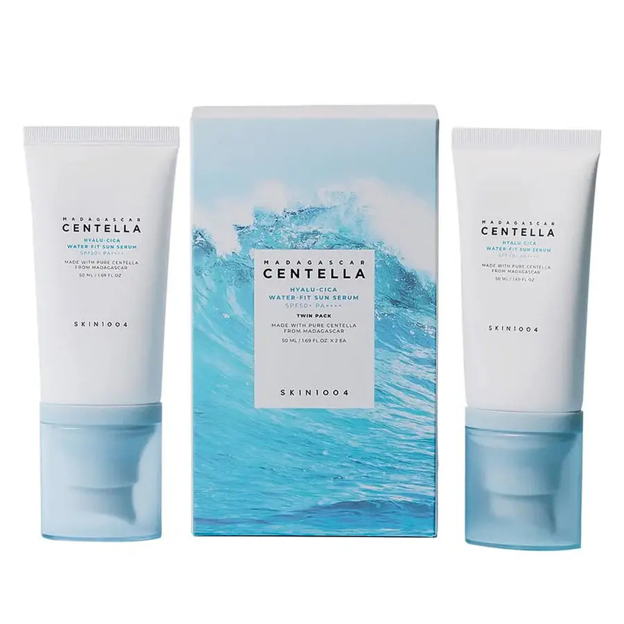 Skin1004 Madagascar Hyalu-Cica sun serum sunscreen tubes with blue wave design box