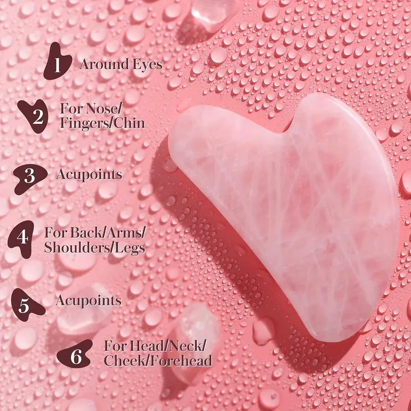 Zuzu Aura pink jade gua sha tool for skincare tools for glowing skin with usage instructions on pink water droplet background