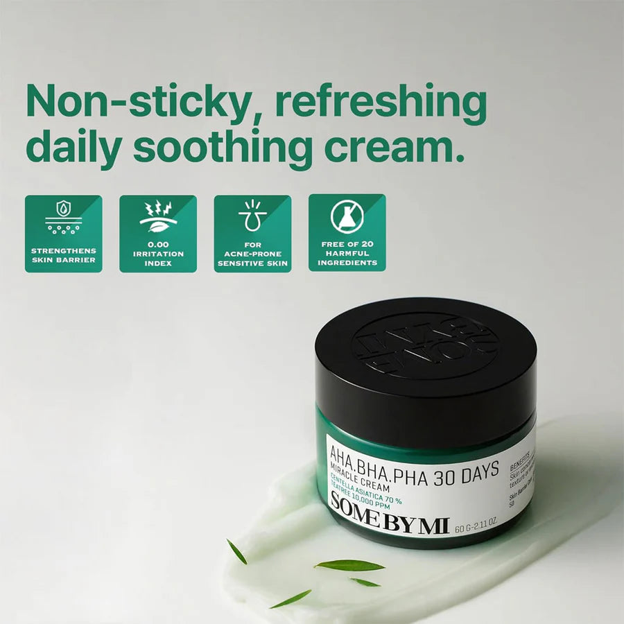 Some By Mi AHA BHA PHA miracle cream in jar with labels highlighting soothing, non-sticky moisturizer