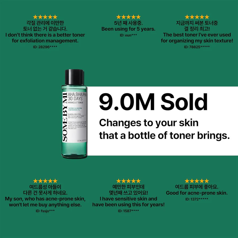 Some By Mi AHA BHA PHA toner bottle with positive customer reviews highlighting exfoliation and acne-prone skin benefits