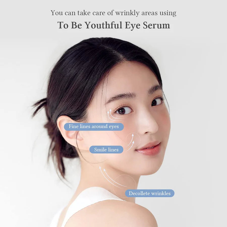 Young woman applying To Be Youthful Eye Serum 25ml by Dr Althea targeting fine lines smile lines and decollete wrinkles