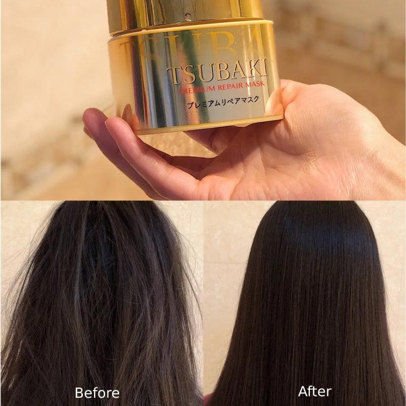 Shiseido Tsubaki Premium Repair Mask gold container held in hand with before and after smooth hair results