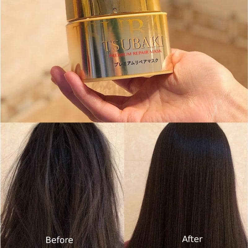 Shiseido Tsubaki Premium Repair Mask gold container held in hand with before and after smooth hair results