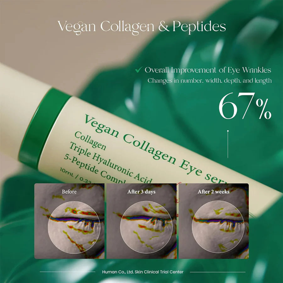 AXIS-Y vegan collagen eye serum tube with vegan collagen and peptides showing improvement in eye wrinkles over 2 weeks