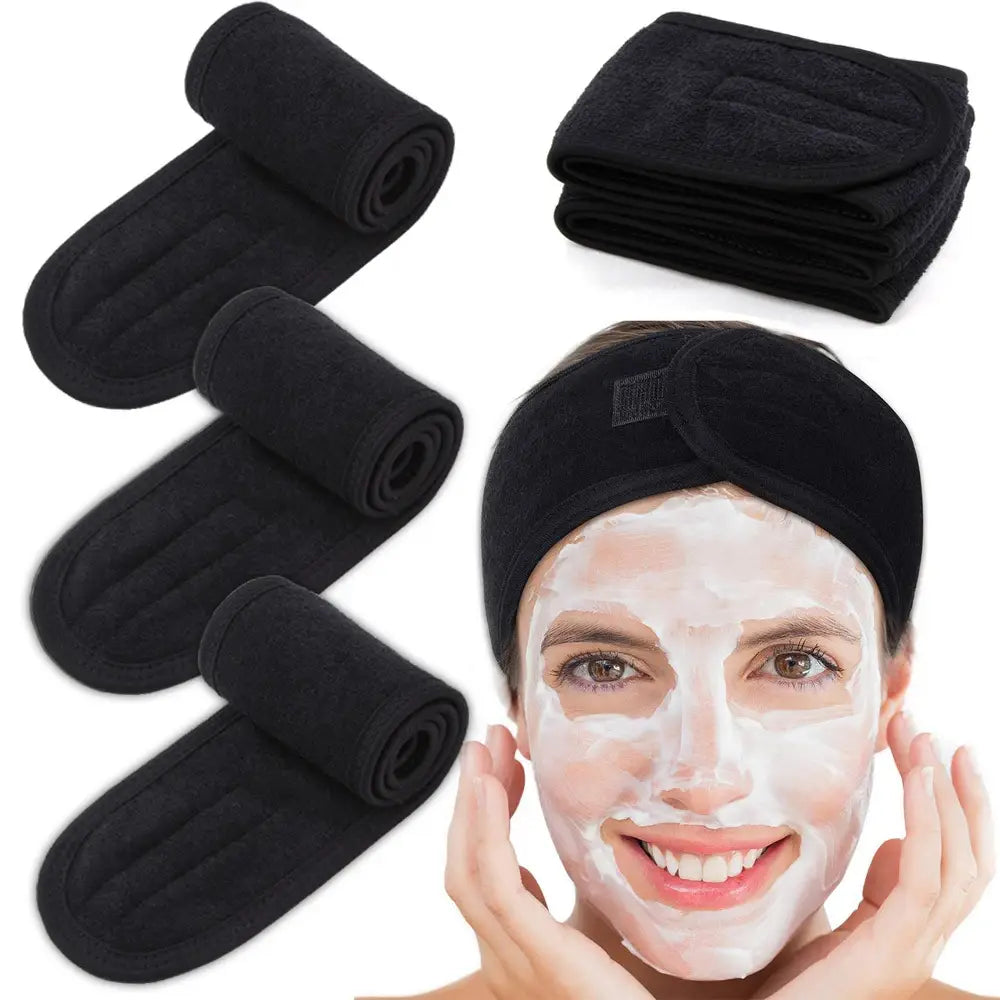 Washable spa headband for face routine by Zuzu Aura in black, shown worn with facial mask and multiple folded headbands