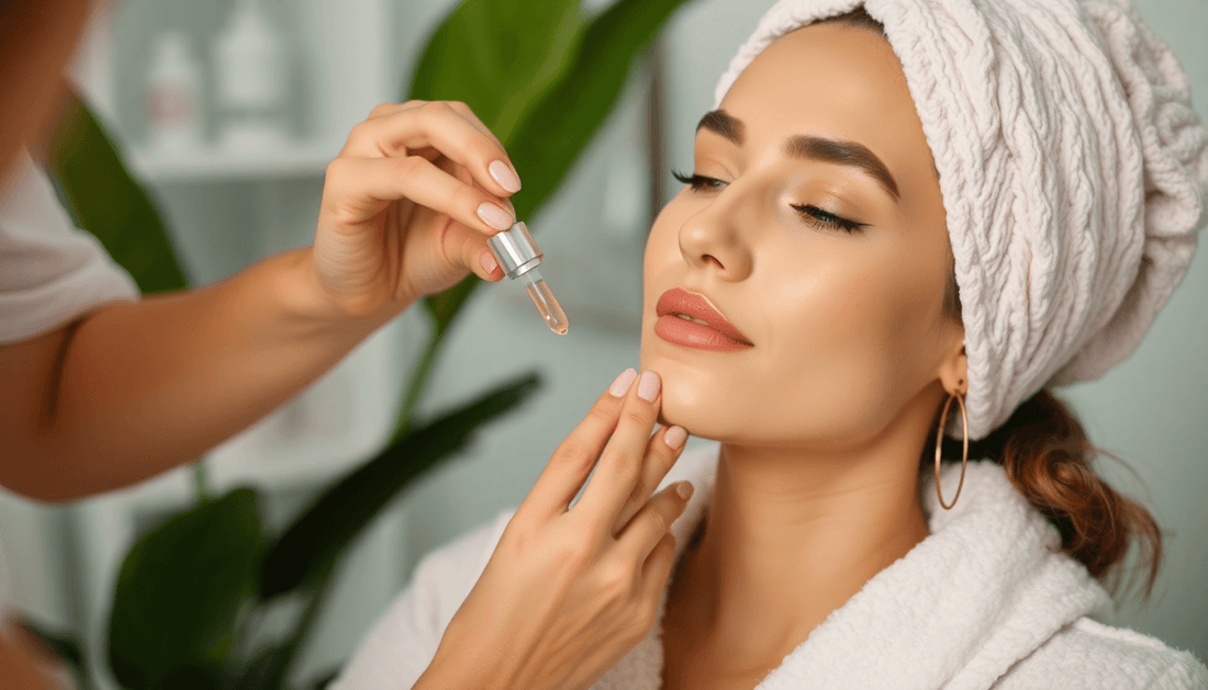 lady applying serum on her face with zuzu Aura products