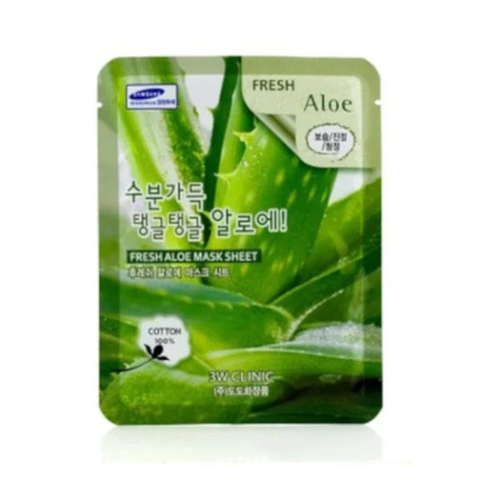 3W Clinic Aloe vera face mask sheet with fresh aloe plant design for moisturizing skin