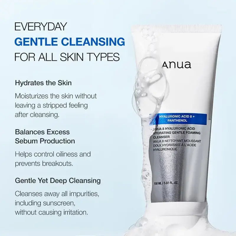 Anua 8 Hyaluronic Acid Hydrating Foaming Cleanser for gentle everyday cleansing