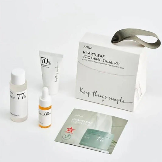 Anua Heartleaf Soothing Trial Kit set, the best starter skincare kit for hydration with cleanser serum cream and mask