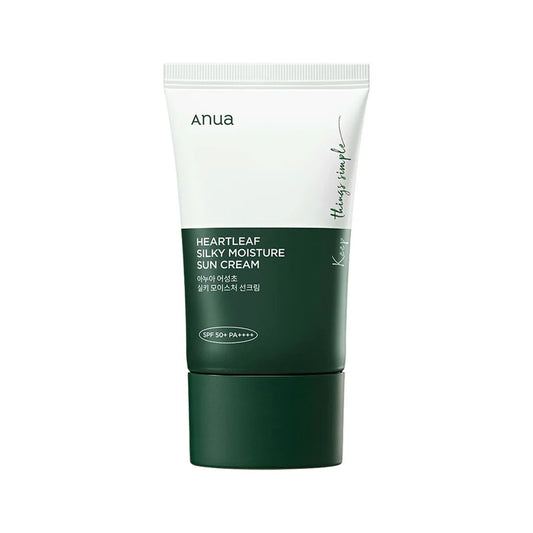 Anua Heartleaf Silky Moisture Sun Cream hydrating SPF50 sun cream in green and white tube