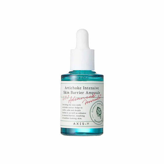 AXIS-Y artichoke skin barrier ampoule in a blue glass bottle with dropper for skincare