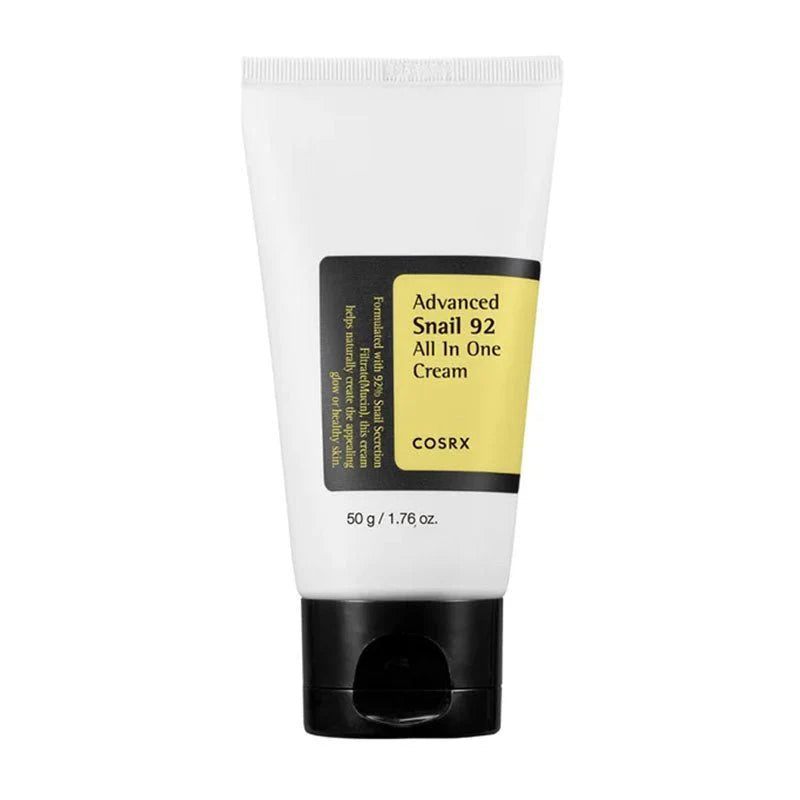 Cosrx advanced snail 92 all in one cream tube moisturizer in white and black packaging