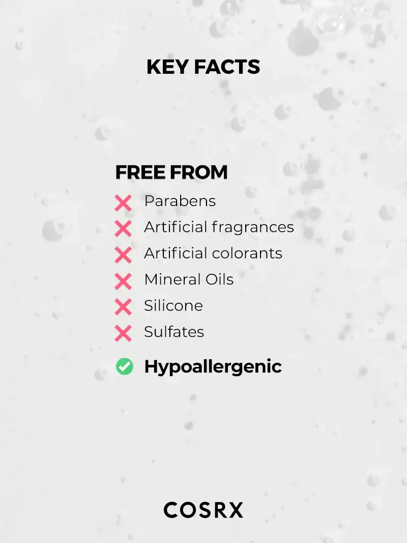Cosrx low pH gel cleanser with key facts highlighting its hypoallergenic formula and absence of harmful ingredients