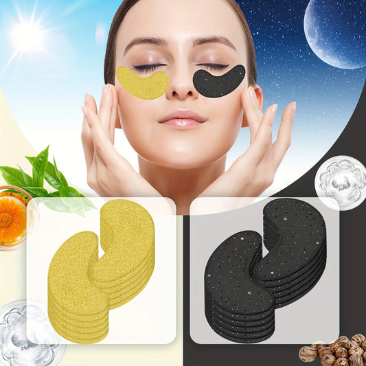 Zuzu Aura daytime eye masks in gold and black worn under eyes for refreshing skincare benefits