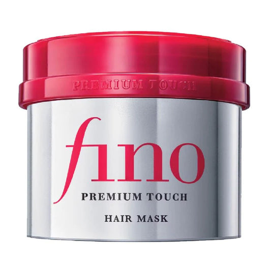 Shiseido Fino Premium Touch hair mask in silver and red container for deep hair nourishment