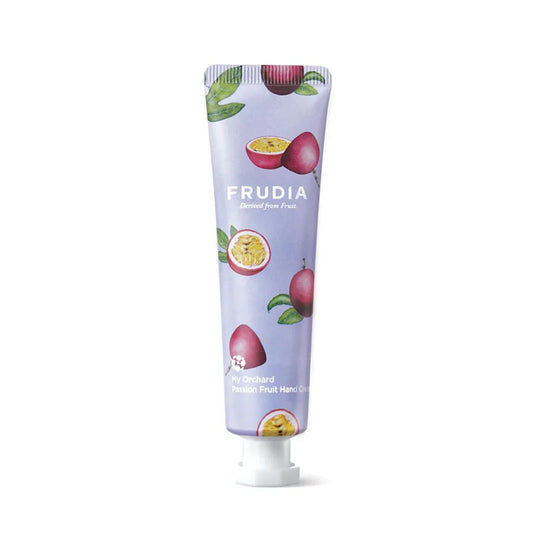 Frudia hydrating hand cream 30g with passion fruit design on light purple tube