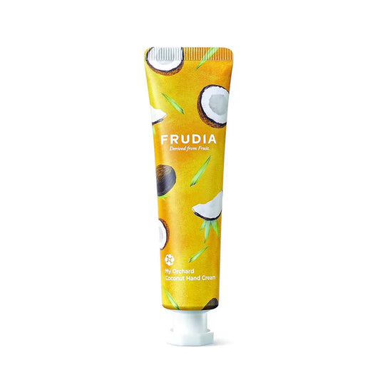 Frudia hydrating hand cream for dry skin in yellow tube with coconut design