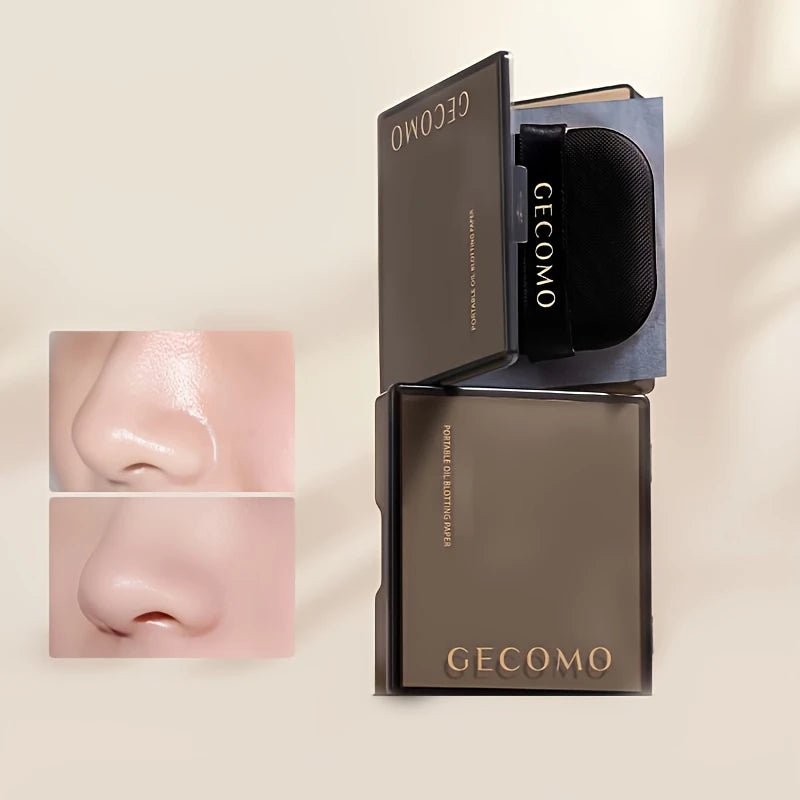 Zuzu Aura portable oil blotting paper in sleek black case with before and after nose shine removal