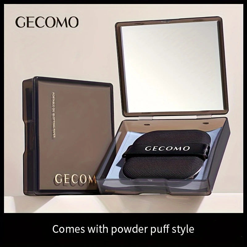 GeComo portable oil blotting paper set with powder puff and compact mirror in sleek black case