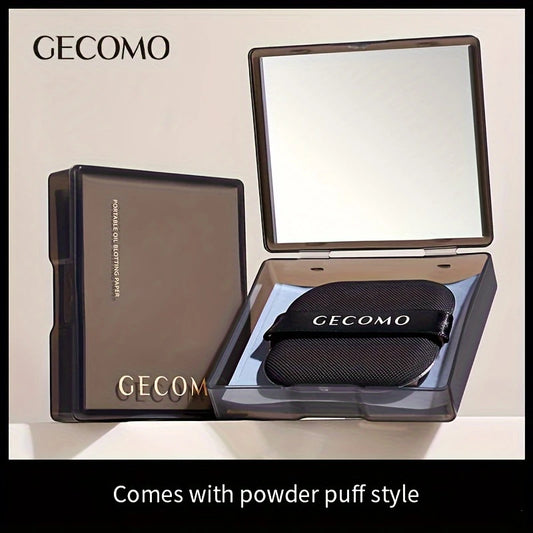 GeComo portable oil blotting paper set with powder puff and compact mirror in sleek black case