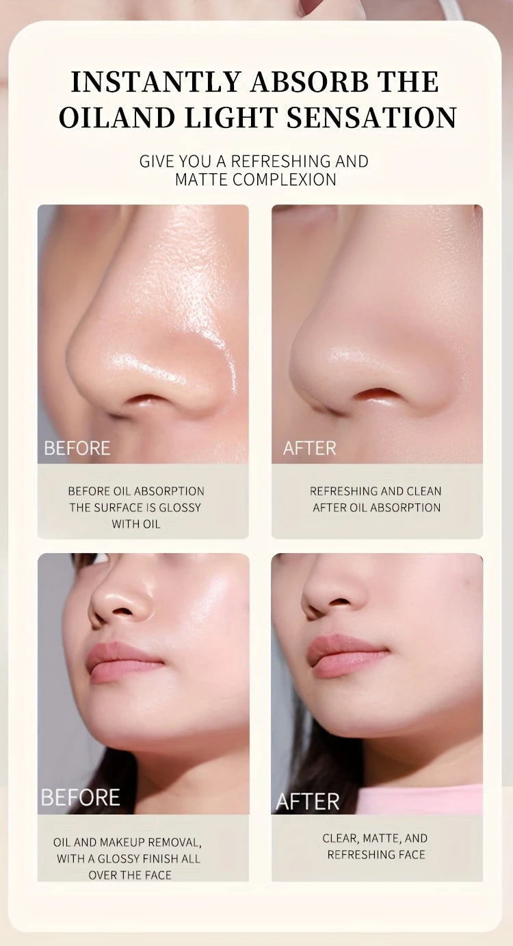 Zuzu Aura portable oil blotting paper showing before and after use to absorb oil and create a matte complexion