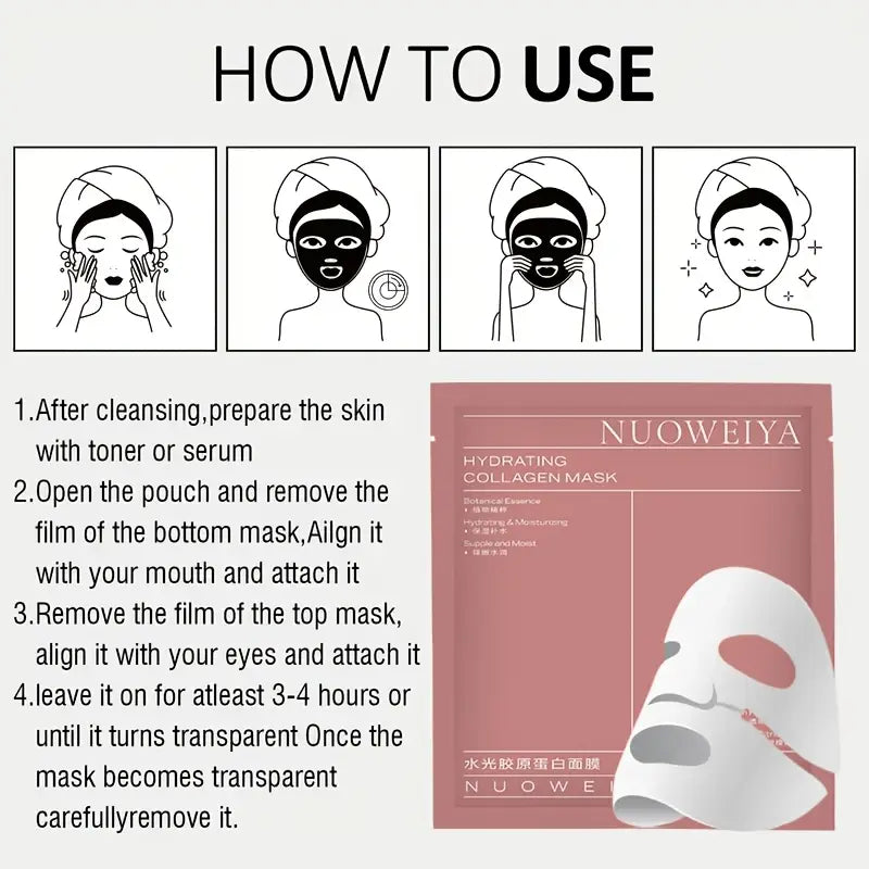 Instructions for using Korean collagen face mask by Zuzu Aura showing step-by-step application process with mask and packaging