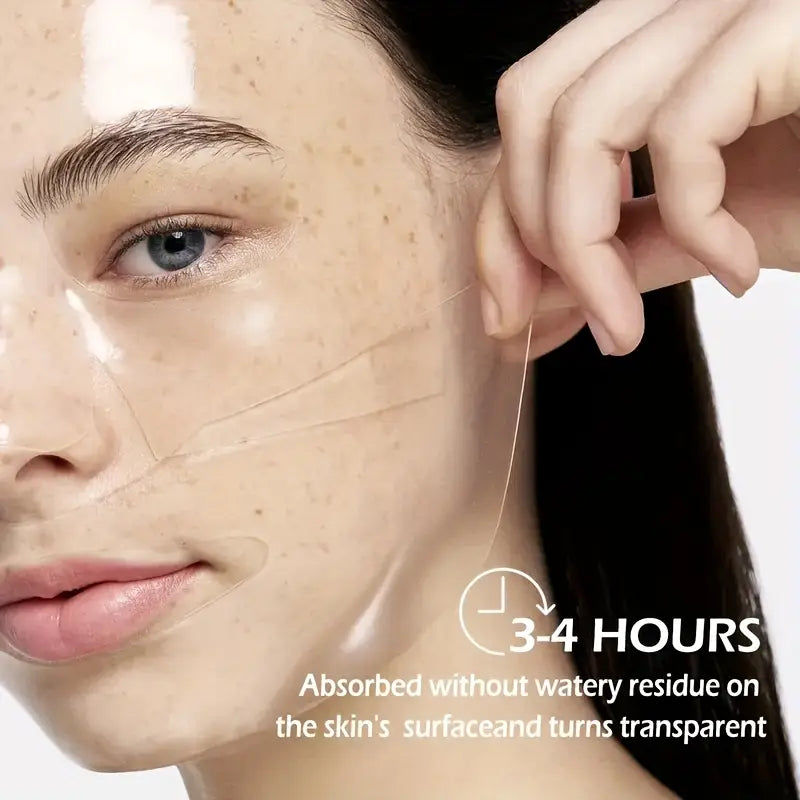 Close-up of woman applying transparent Korean collagen face mask on clear skin