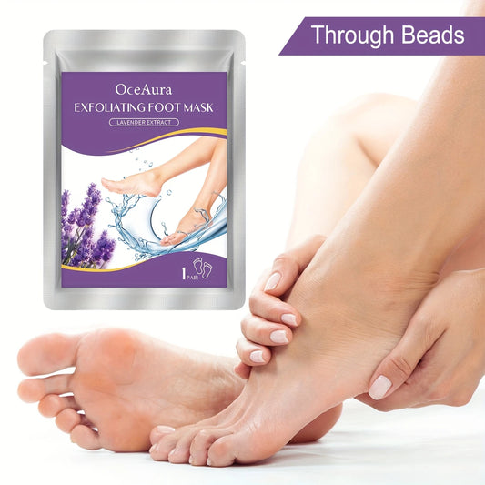 Zuzu Aura lavender foot mask exfoliating foot mask package with smooth feet and lavender flowers